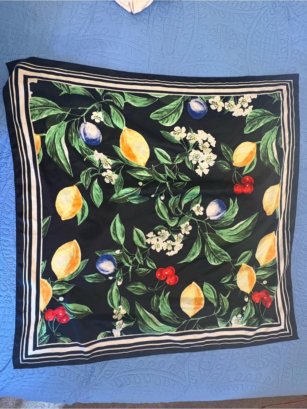 Free people Floral Citrus Print Black Silk-Feel Scarf - Yellow & Green 🤩